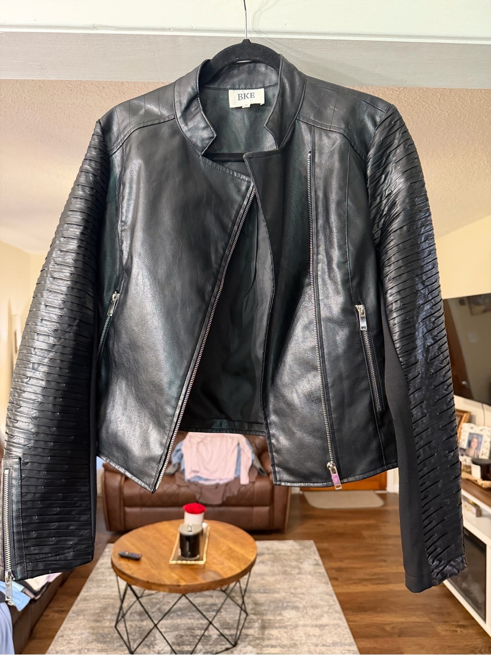 BKE Black Leather Moto Jacket with Ribbed Sleeves